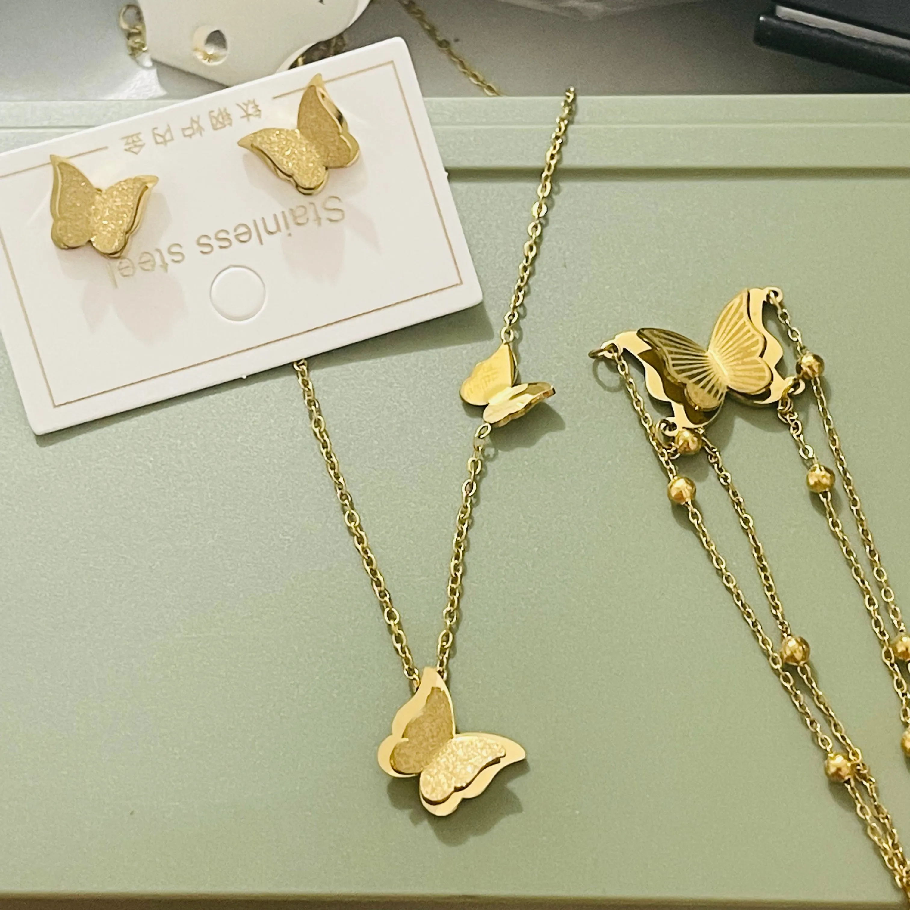 Titanium Steel Butterfly Necklace, Bracelet, Earring Set