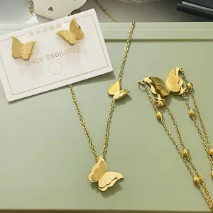 Titanium Steel Butterfly Necklace, Bracelet, Earring Set