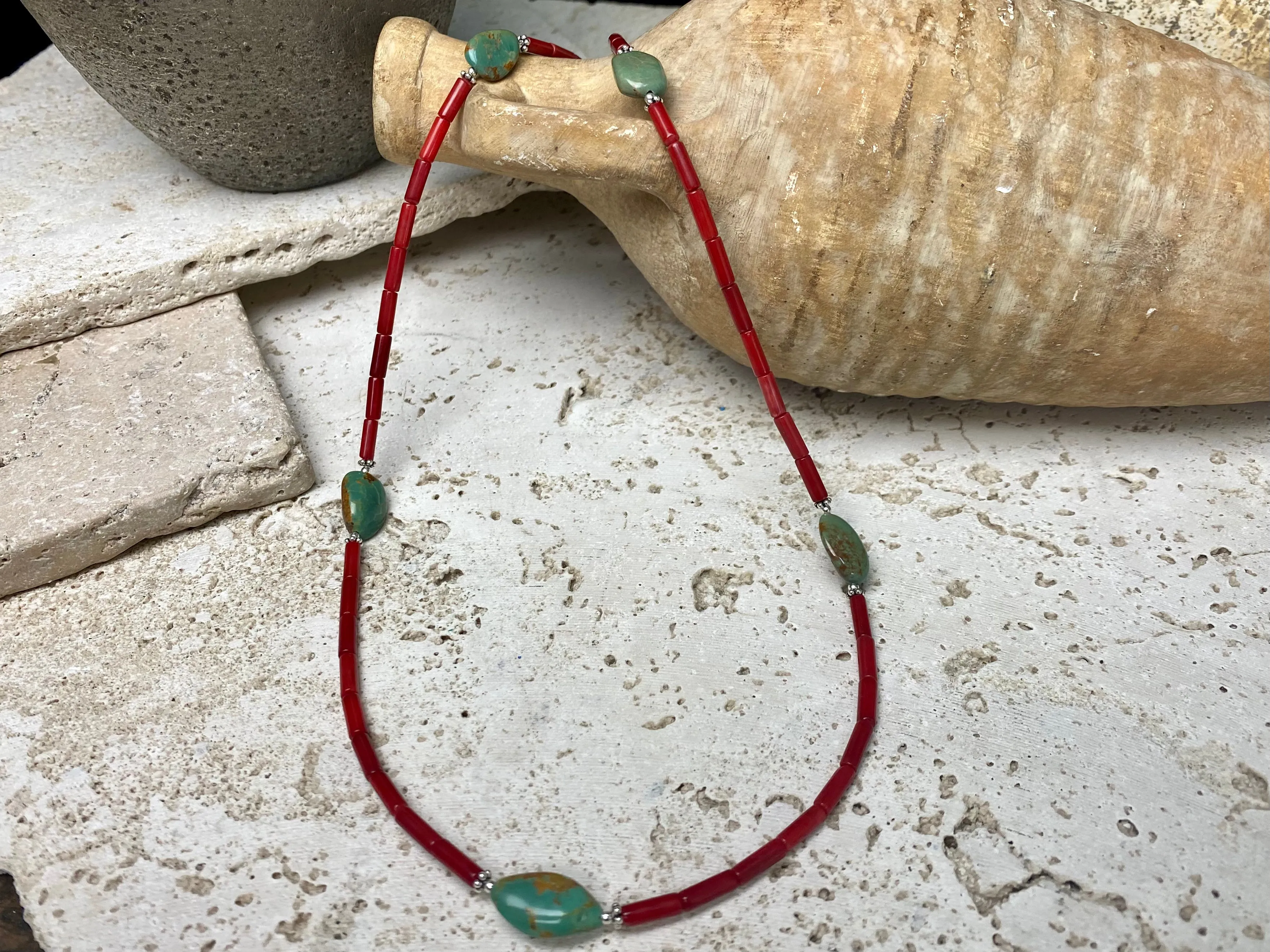 Turquoise And Coral Long Necklace