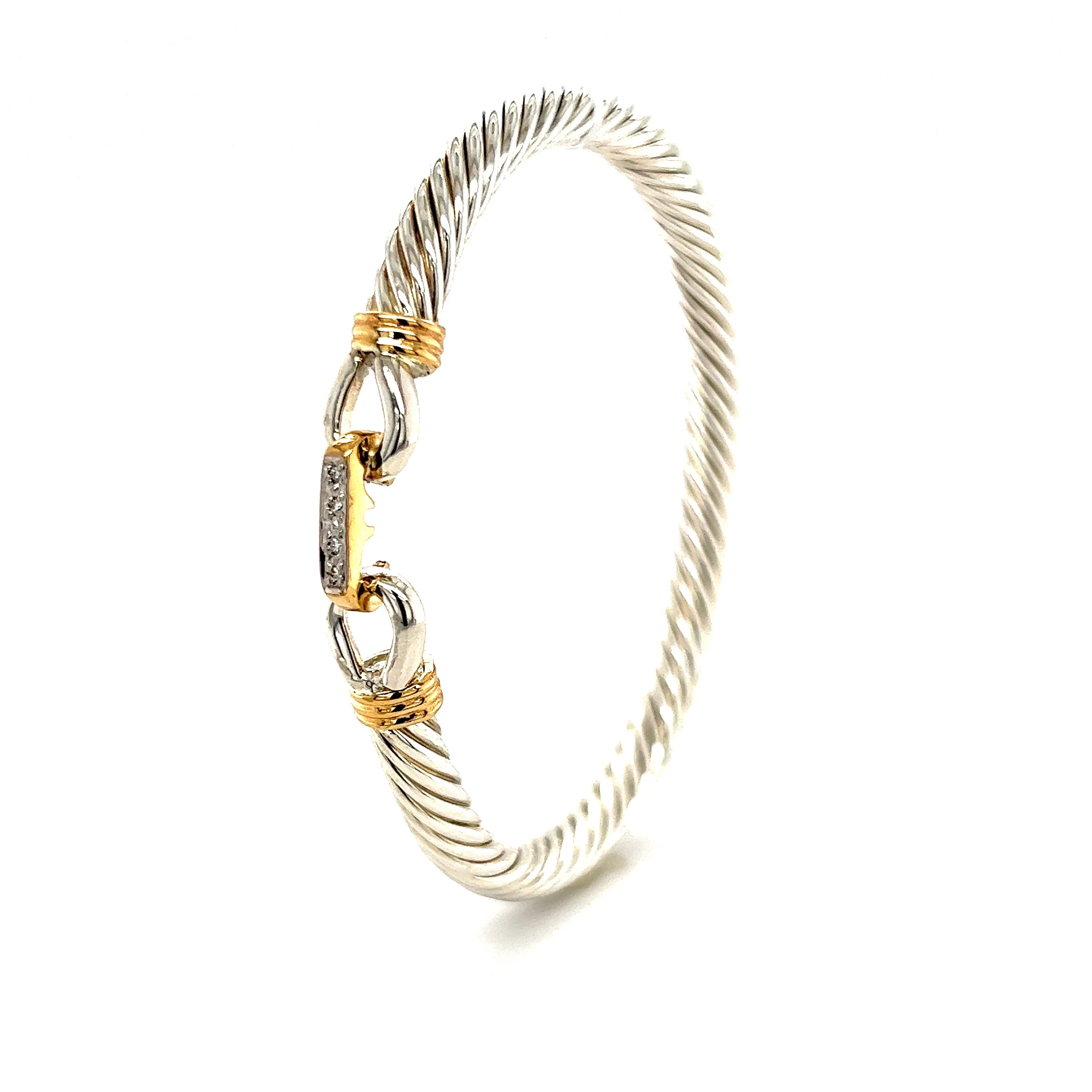 Twisted Cable 5mm Bangle Bracelet with Diamond Catch and 14K Yellow Gold Wraps in Sterling Silver
