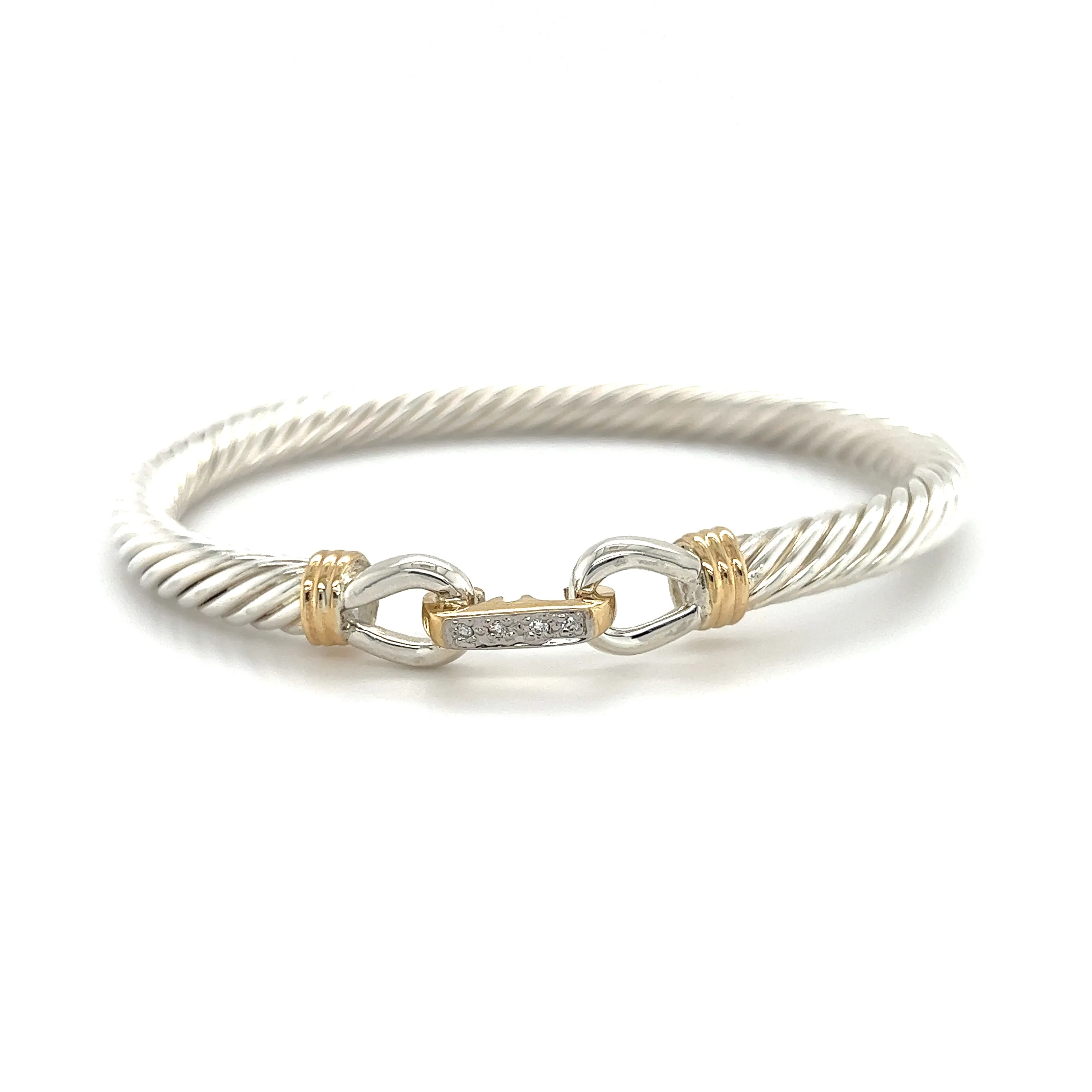 Twisted Cable 5mm Bangle Bracelet with Diamond Catch and 14K Yellow Gold Wraps in Sterling Silver