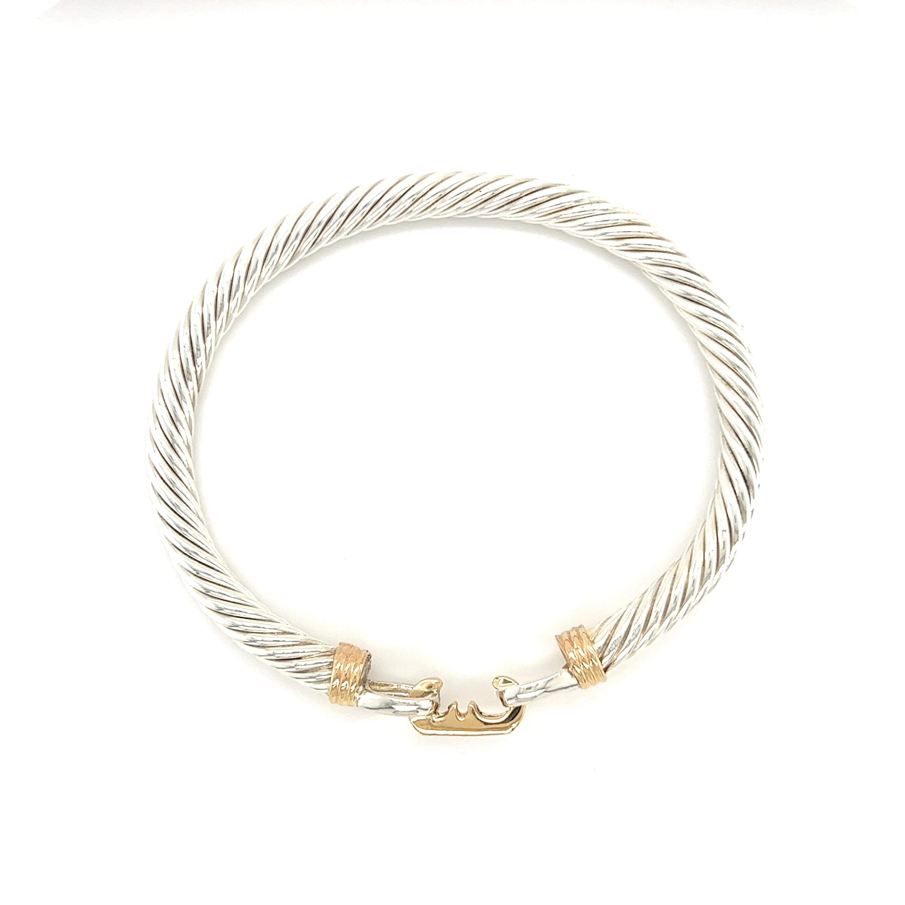 Twisted Cable 5mm Bangle Bracelet with Diamond Catch and 14K Yellow Gold Wraps in Sterling Silver