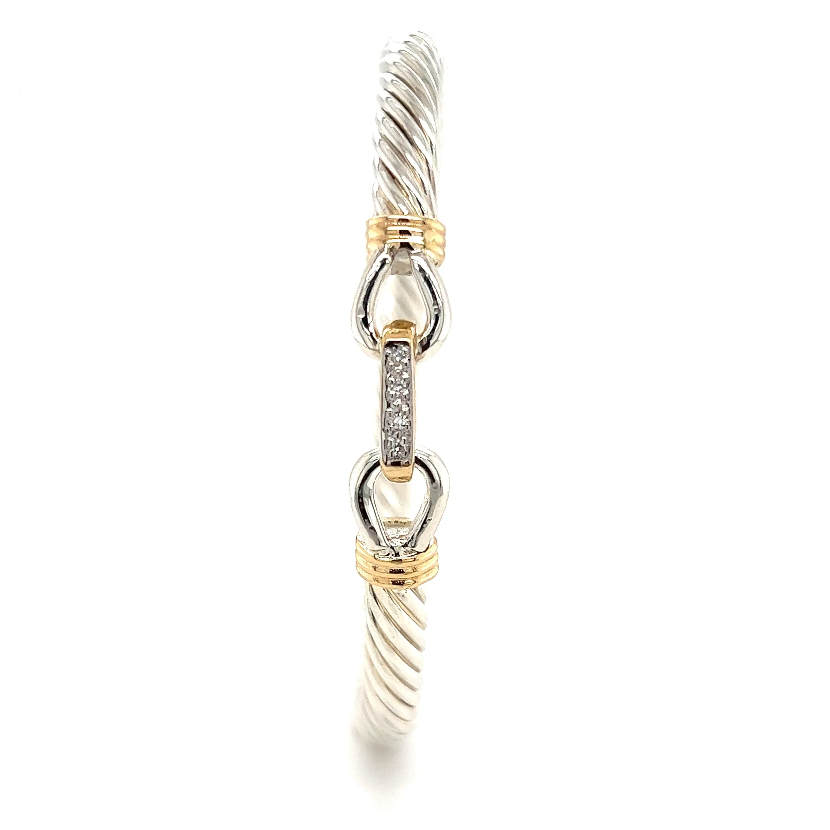 Twisted Cable 5mm Bangle Bracelet with Diamond Catch and 14K Yellow Gold Wraps in Sterling Silver