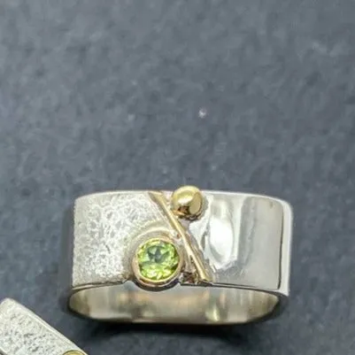 Unique Large Square Stacking Silver & Gold Set Peridot Ring