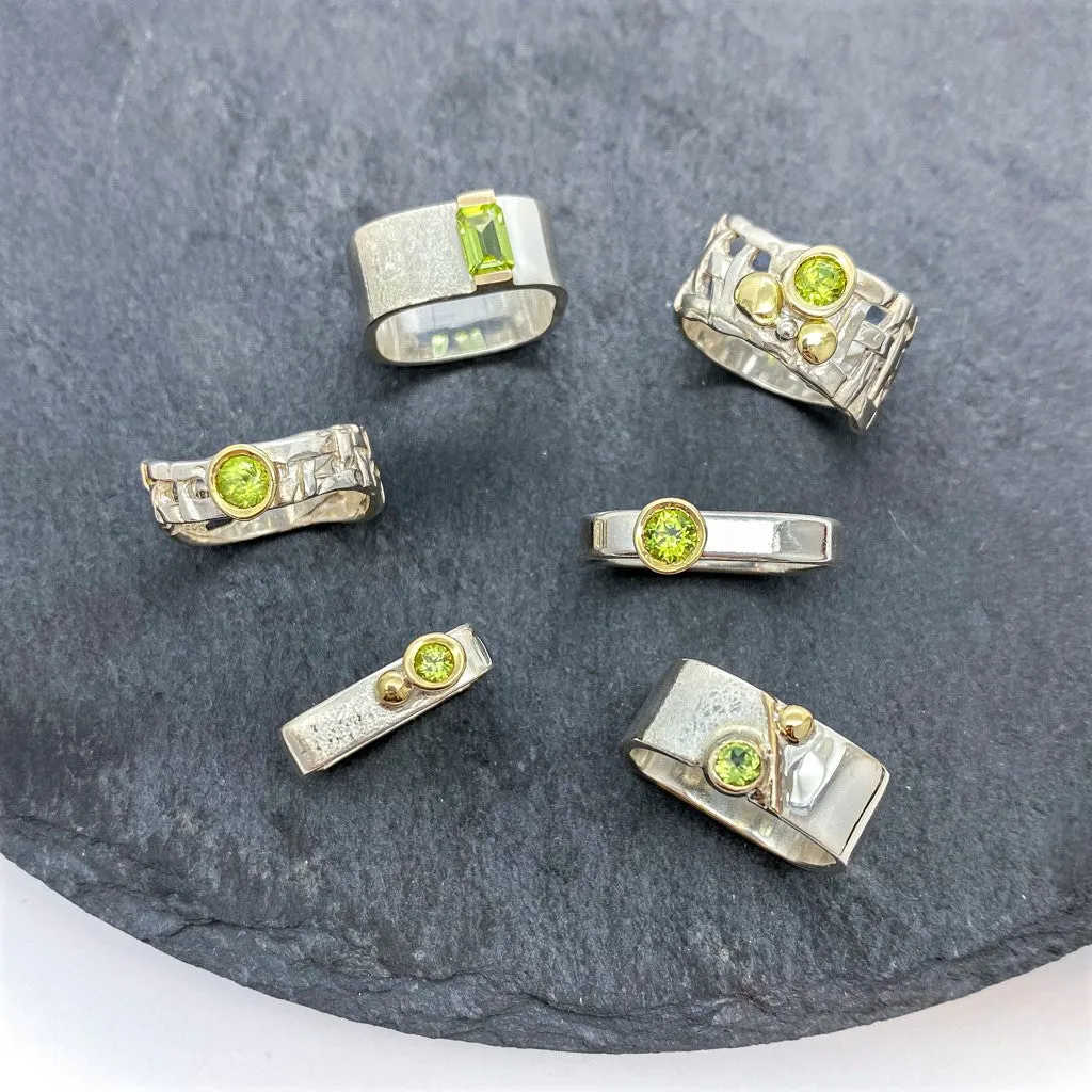Unique Large Square Stacking Silver & Gold Set Peridot Ring