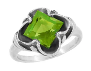 Victorian Square Peridot Ring in 14 Karat White Gold