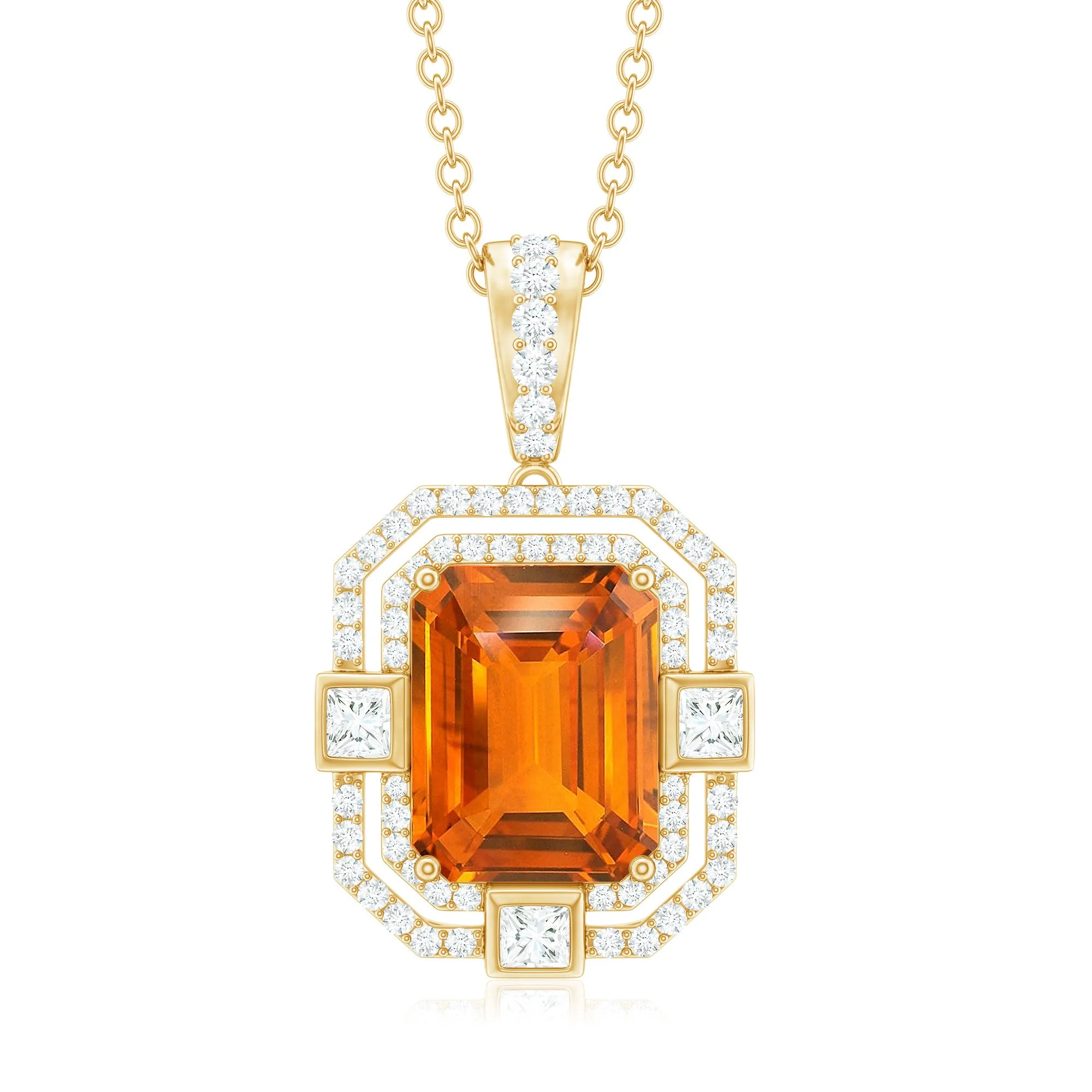 Vintage Emerald Cut Created Orange Sapphire Pendant with Moissanite