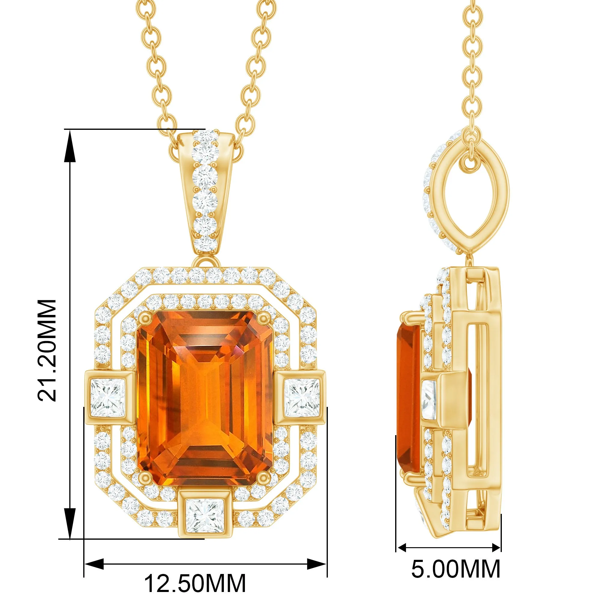 Vintage Emerald Cut Created Orange Sapphire Pendant with Moissanite