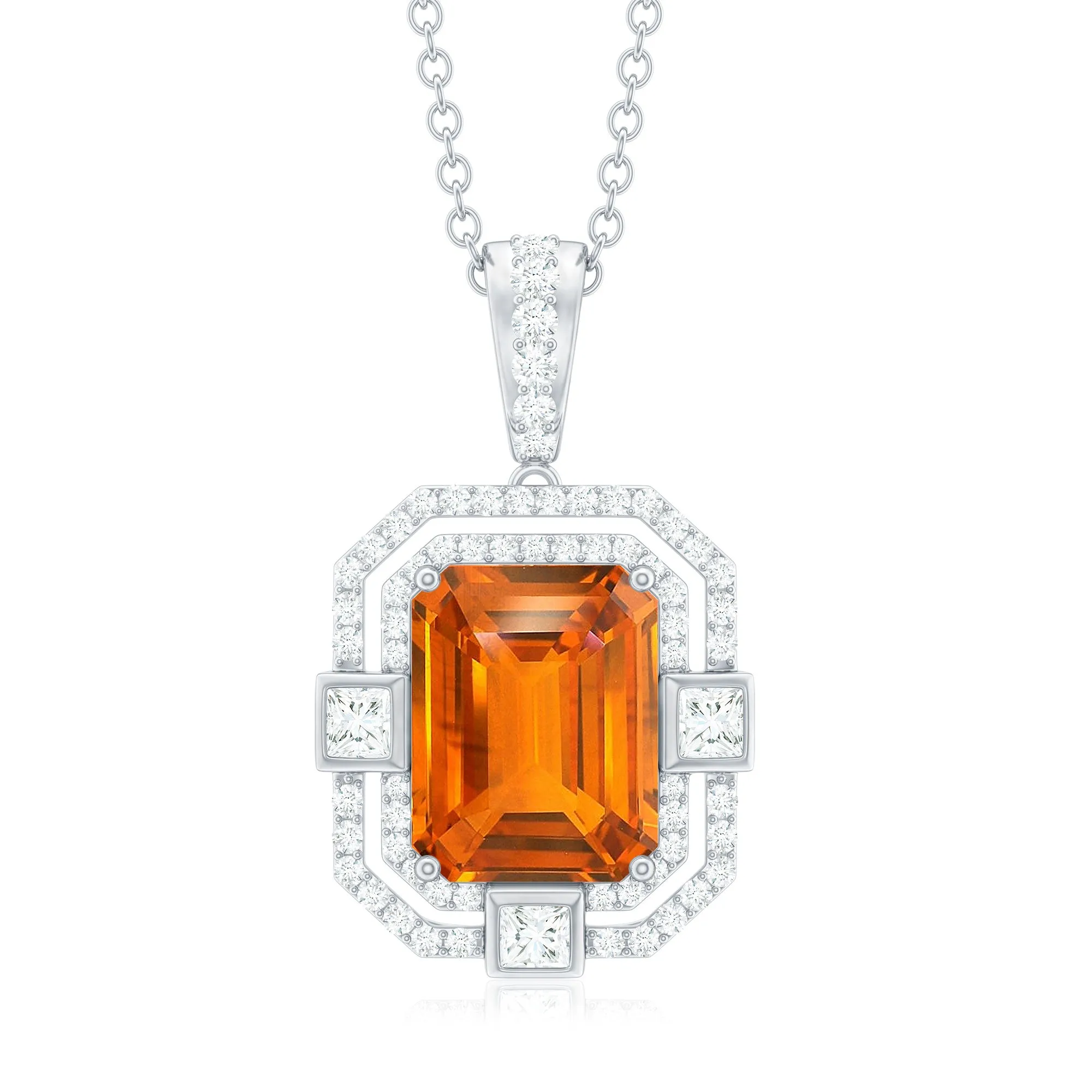 Vintage Emerald Cut Created Orange Sapphire Pendant with Moissanite