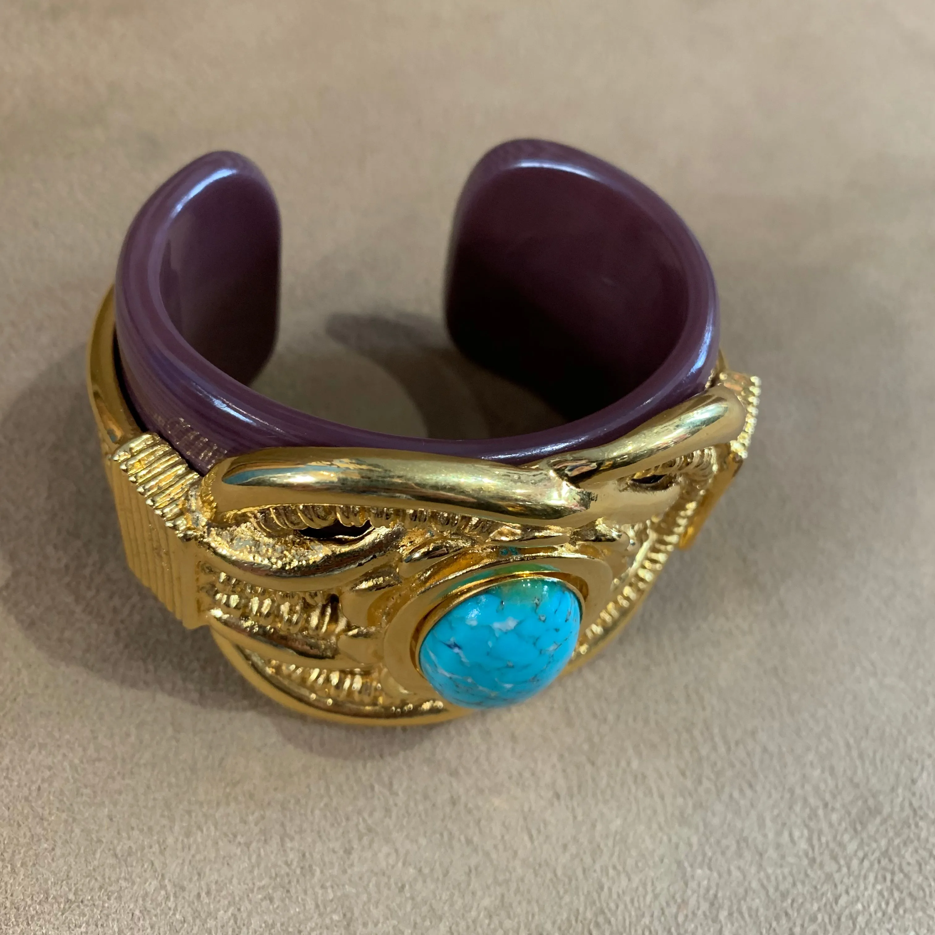 Vintage Escada Bracelet Large Statement Cuff Gold brown turquoise cuff