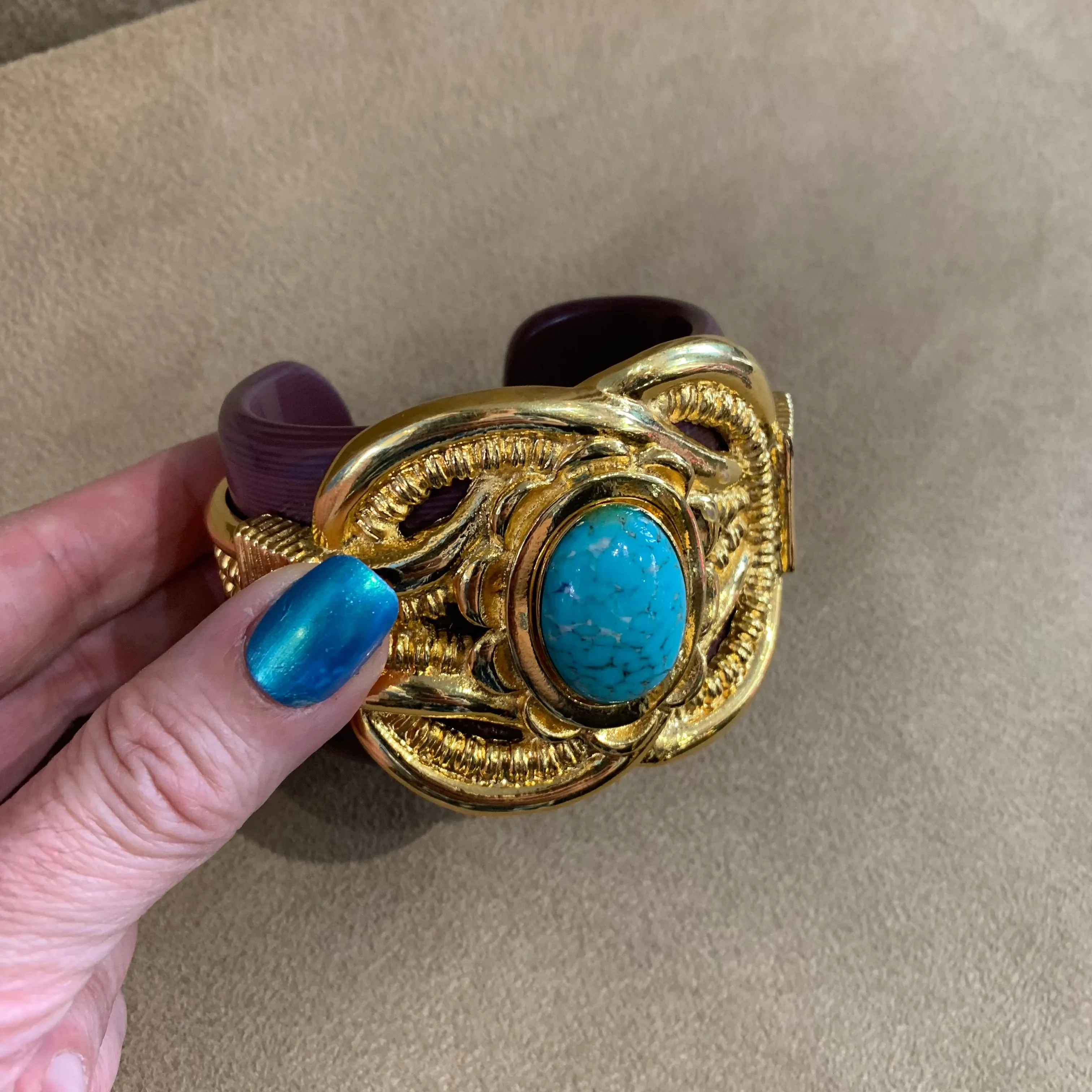 Vintage Escada Bracelet Large Statement Cuff Gold brown turquoise cuff
