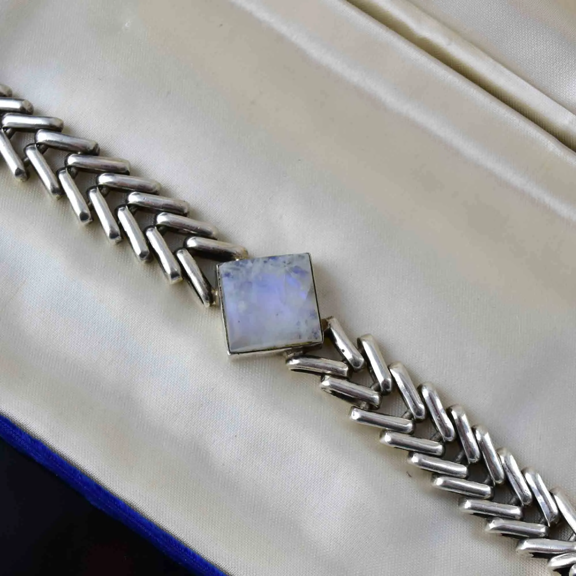 Vintage Heavy Silver Moonstone Chain Bracelet