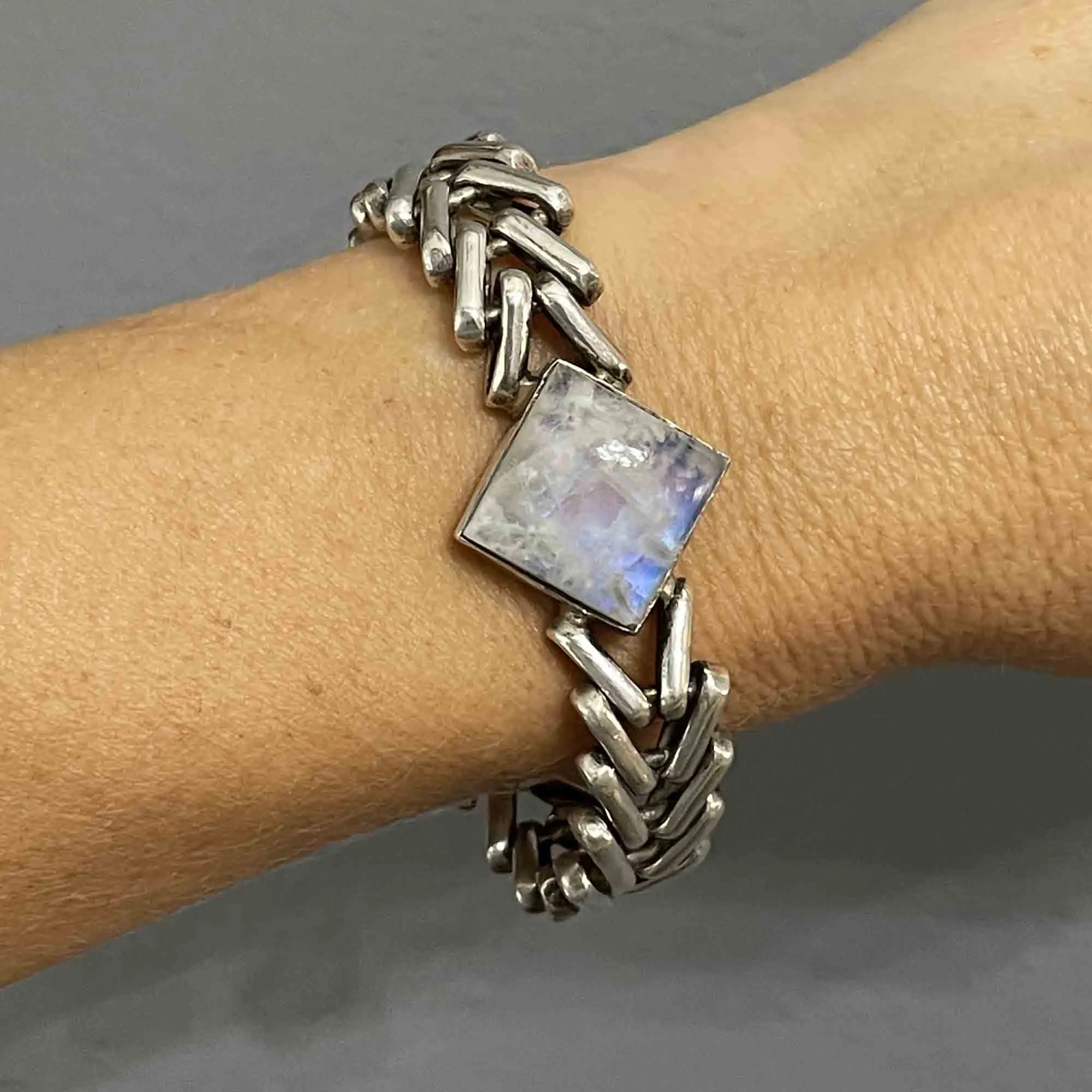 Vintage Heavy Silver Moonstone Chain Bracelet