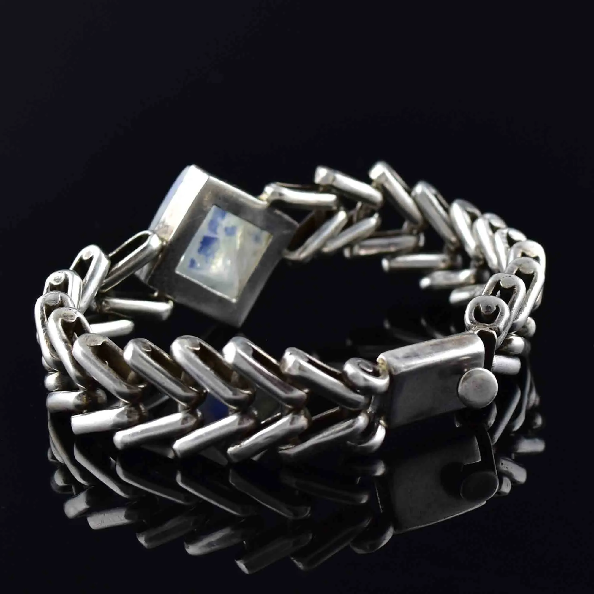Vintage Heavy Silver Moonstone Chain Bracelet