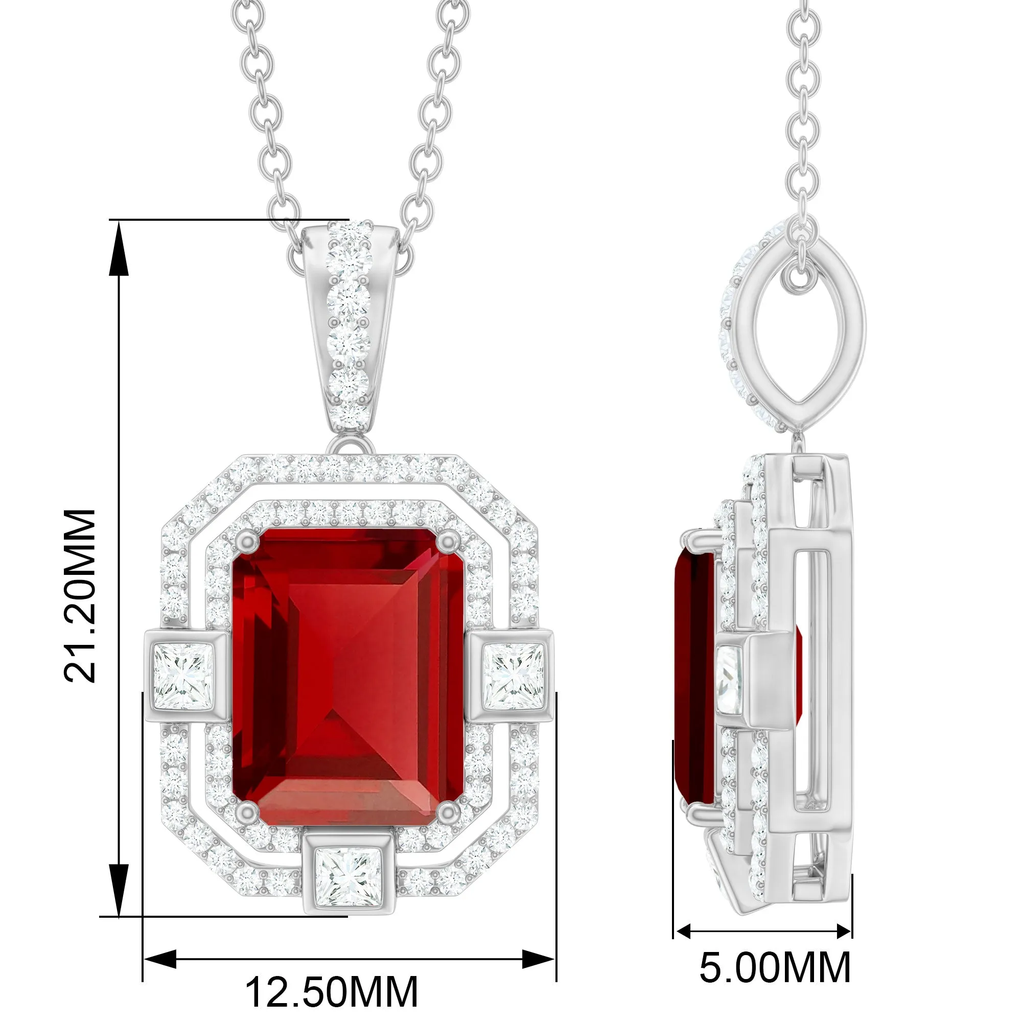 Vintage Inspired Octagon Created Ruby Pendant with Moissanite