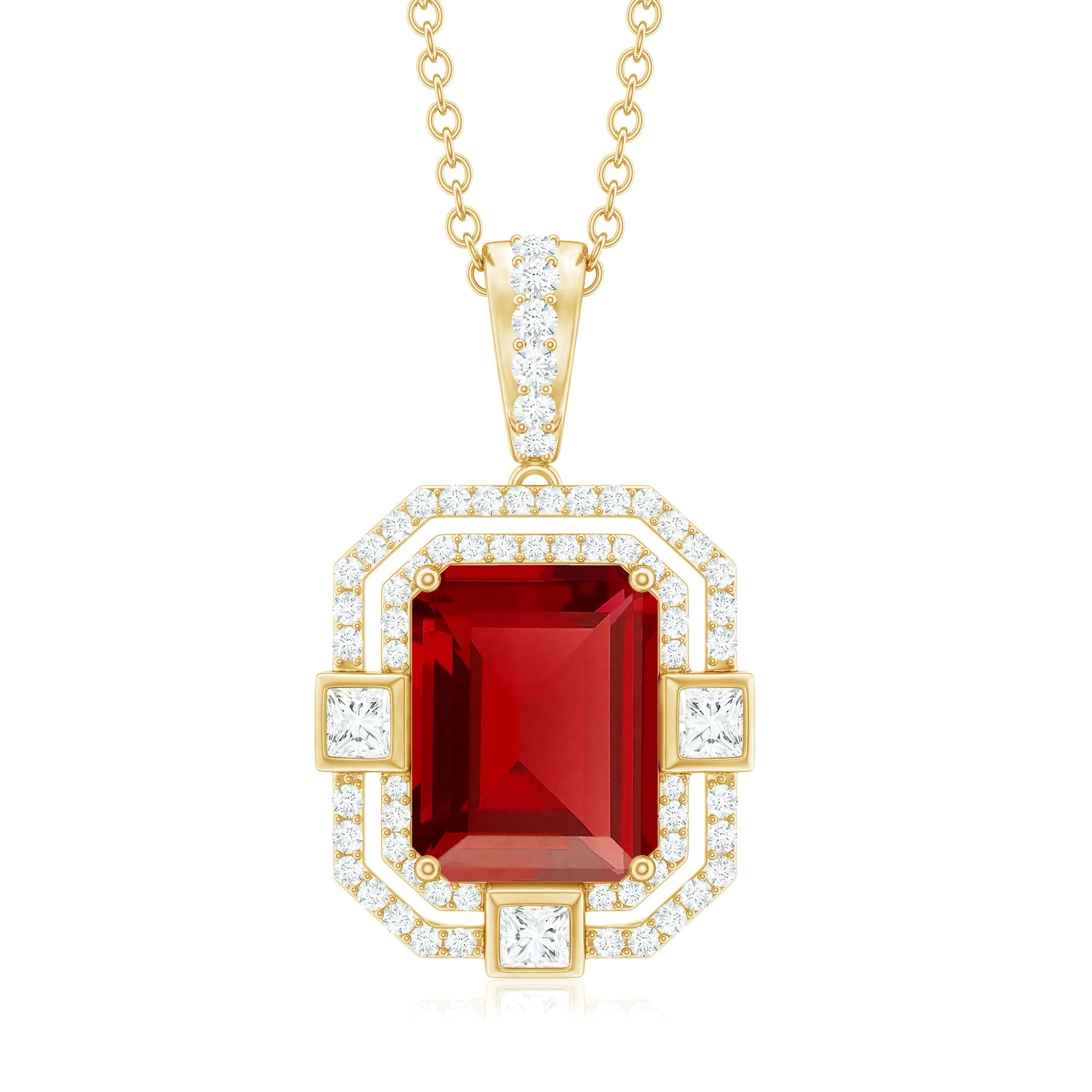 Vintage Inspired Octagon Created Ruby Pendant with Moissanite
