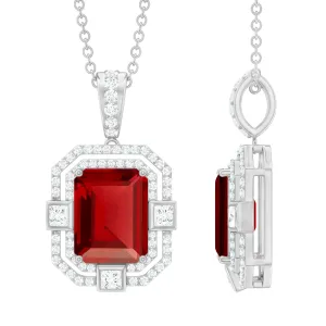 Vintage Inspired Octagon Created Ruby Pendant with Moissanite