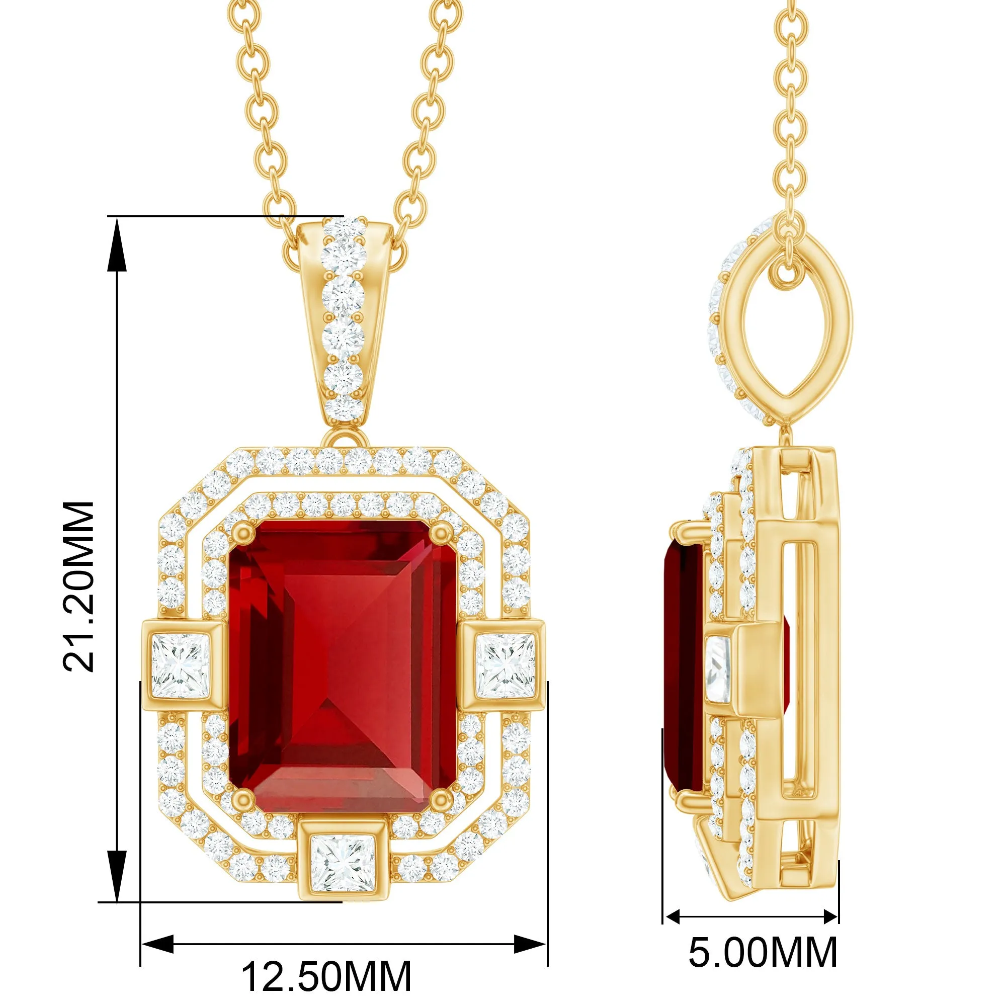 Vintage Inspired Octagon Created Ruby Pendant with Moissanite