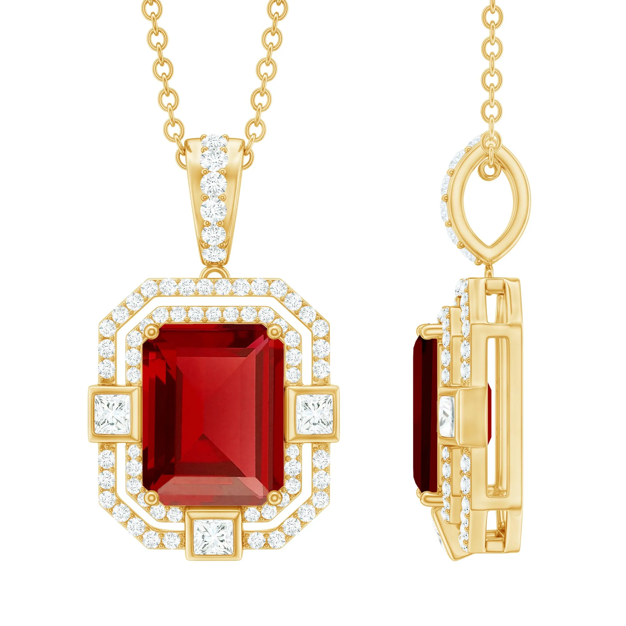 Vintage Inspired Octagon Created Ruby Pendant with Moissanite