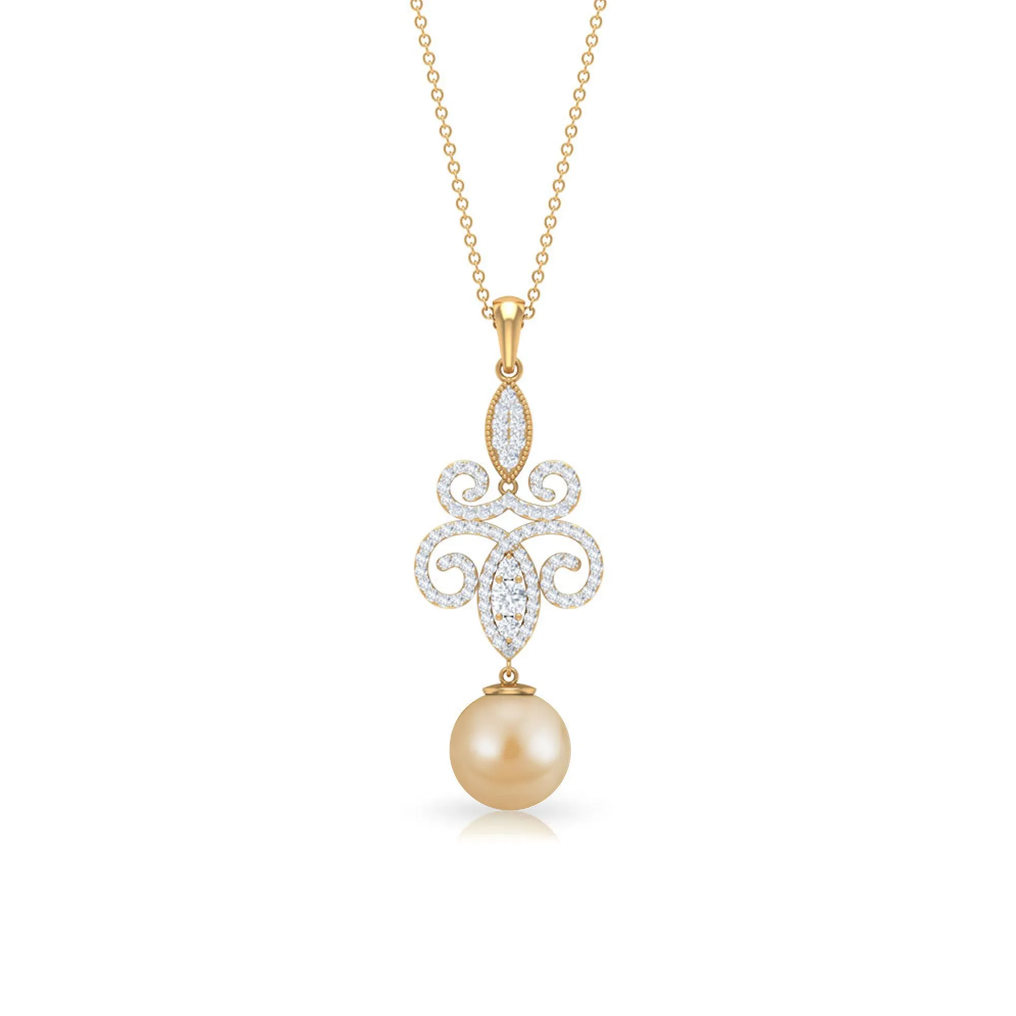 Vintage Inspired South Sea Pearl and Moissanite Dangle Pendant