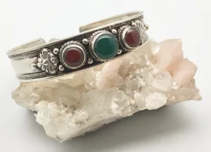 Vintage Nepali Hidden Dragon Cuff Bracelet with Carnelian and Green Onyx Cabochons