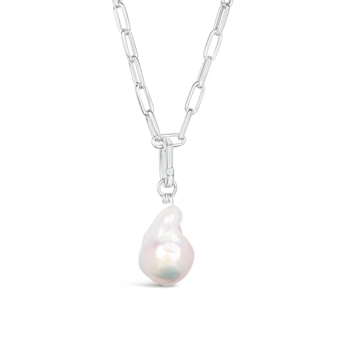White Baroque Pearl Paperclip Necklace in Silver
