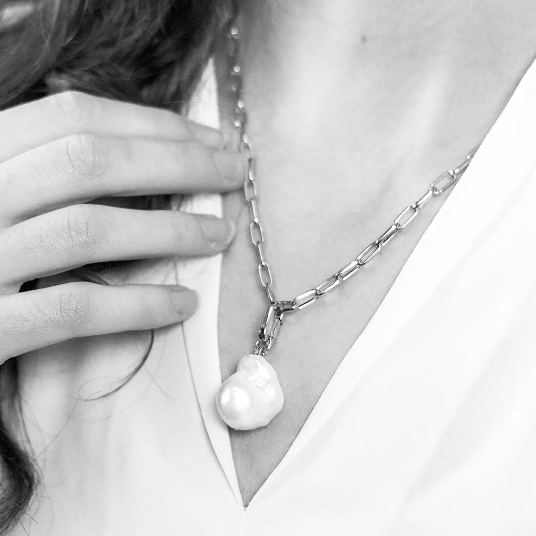 White Baroque Pearl Paperclip Necklace in Silver