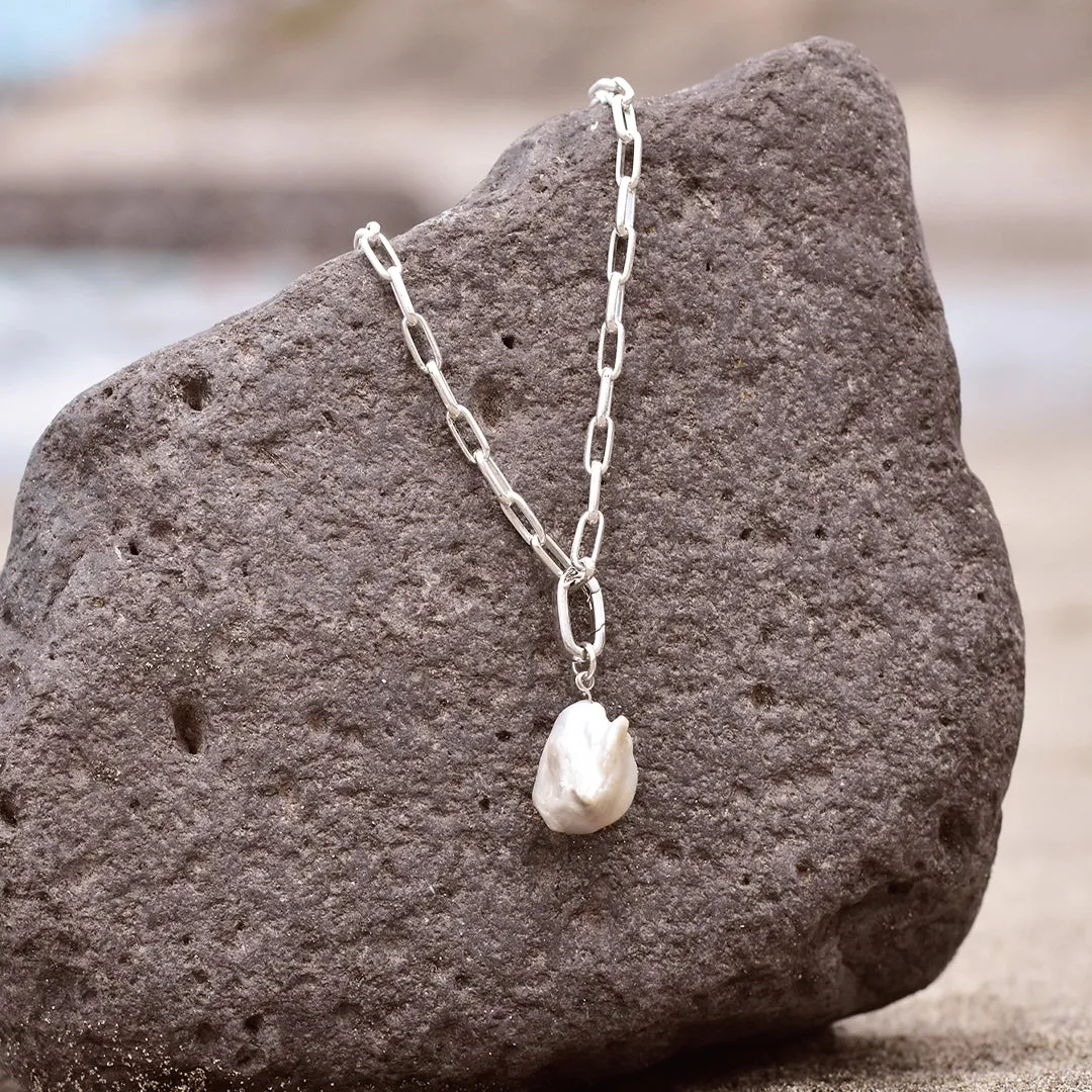 White Baroque Pearl Paperclip Necklace in Silver