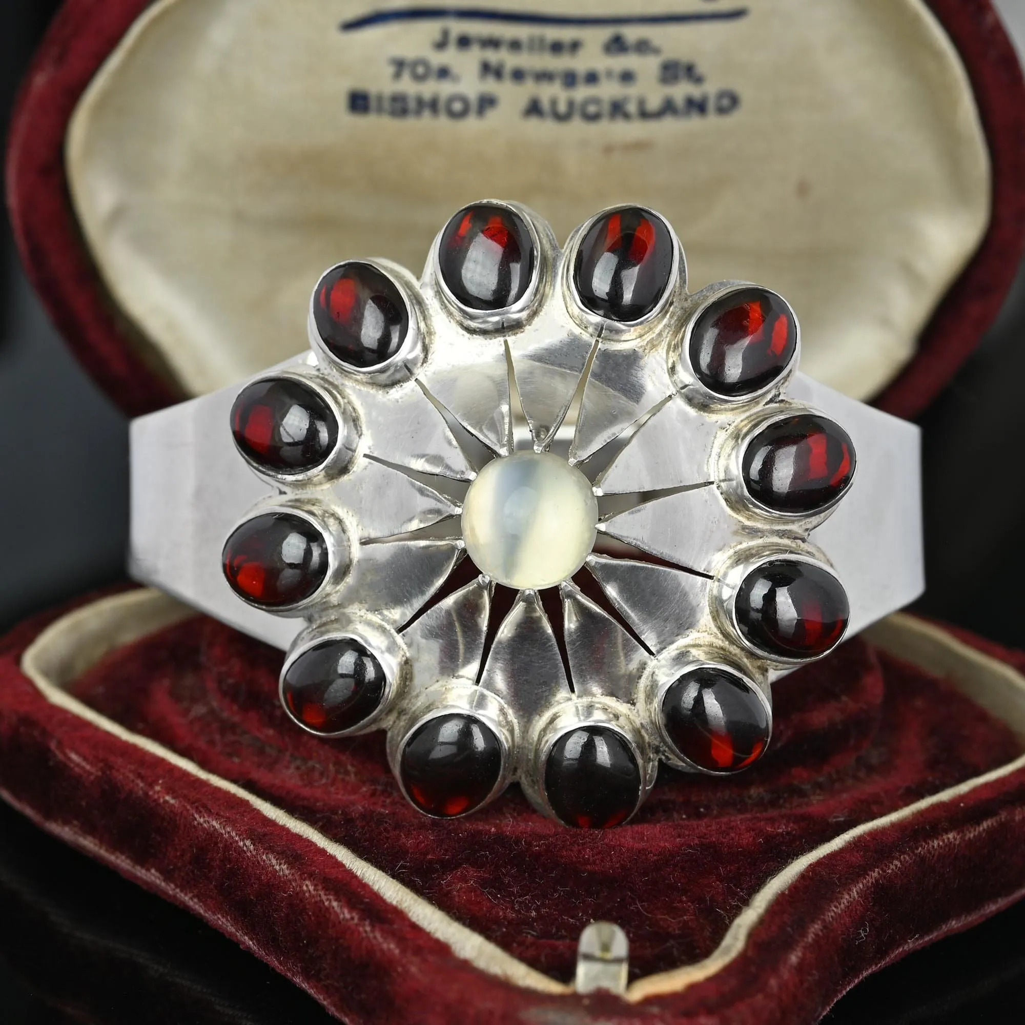 Wide Celestial Starburst Moonstone Garnet Bracelet in Silver