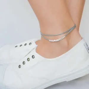 Wrapped gray ankle bracelet with matt silver nugget beads cubes